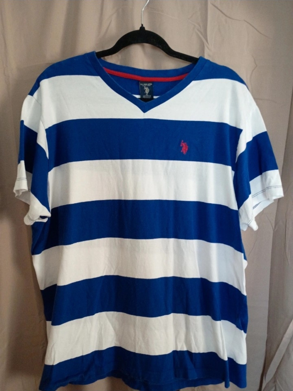 U.S. Polo Assn. Blue & White Striped V-Neck Polo Shirt with Red Logo